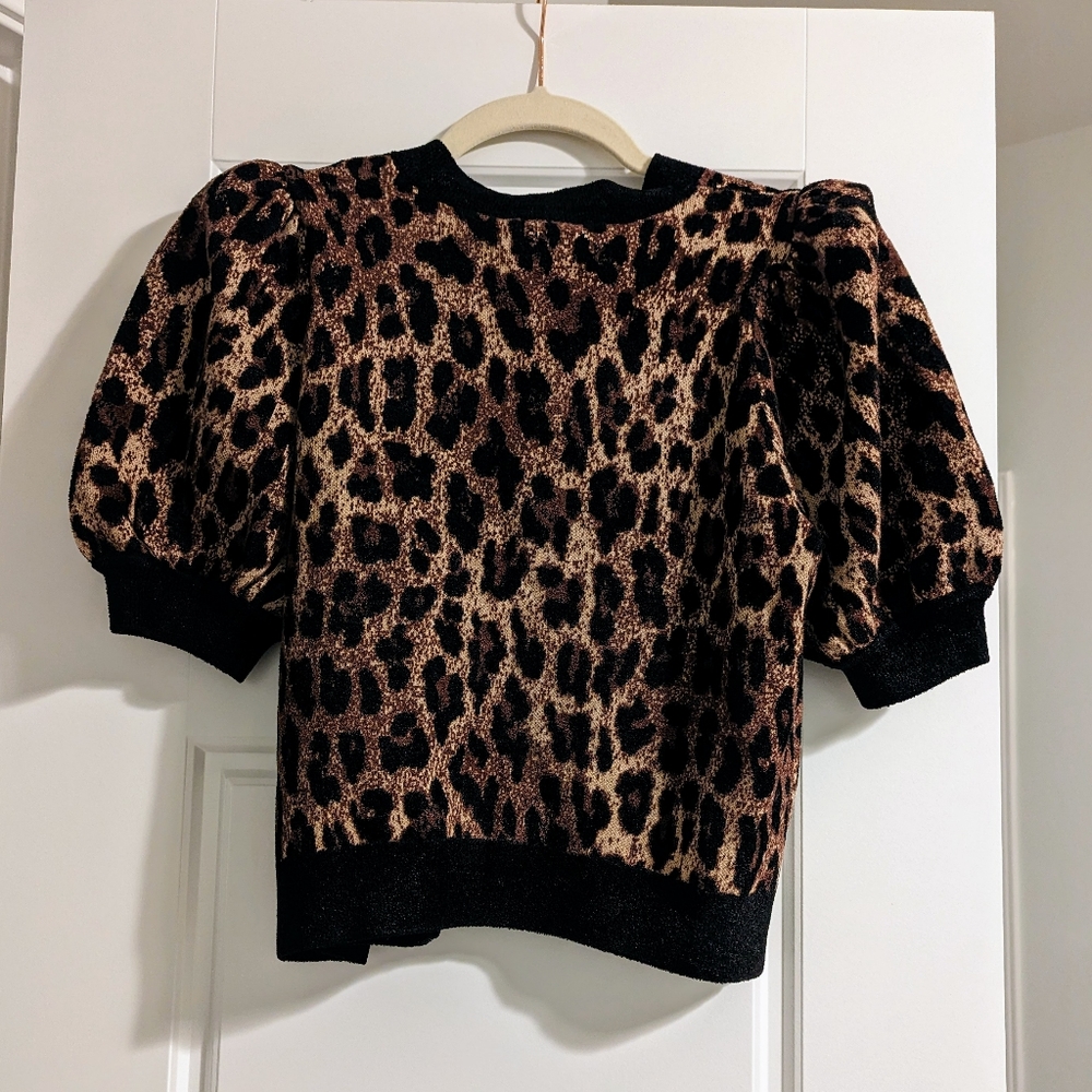 Alice and Olivia Kitty Leopard Puff-Sleeve Cardigan - Picture 2 of 12